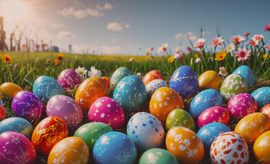 Aufkleber - Bunch of colorful eggs are scattered on the grass. Some are green, some are blue, and some are yellow