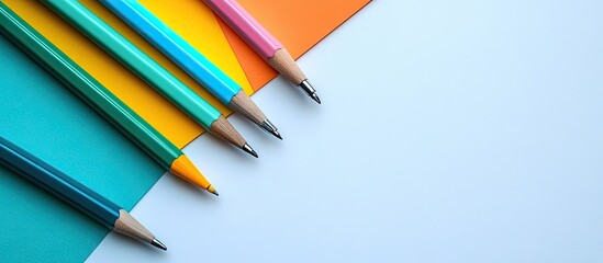 Fototapete - Top view of brightly colored papers and green pens neatly arranged on a white surface. with copy space image. Place for adding text or design