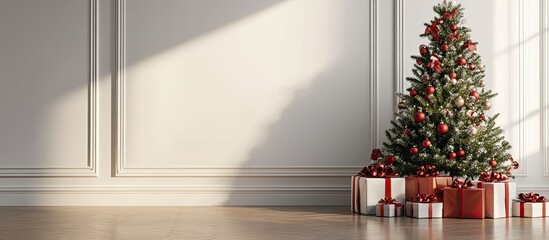 Fototapete - Lovely Christmas tree with gift boxes in the room. with copy space image. Place for adding text or design