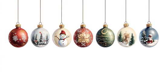 Poster - A collection of hanging Christmas baubles vintage Soviet USSR set against a white background Included are a snowman snow maiden bump acorns and a bell. with copy space image