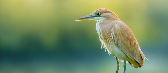 Poster - Squacco heron Ardeola ralloides against a green background. with copy space image. Place for adding text or design