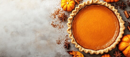 Poster - Traditional American Pumpkin Pie for Thanksgiving Day Top view copyspace Concept of homemade baking for the holiday