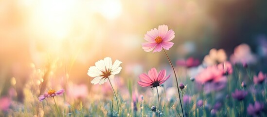 Aufkleber - Vibrant Cosmos flowers in a grassy field with copy space Warm vintage tones