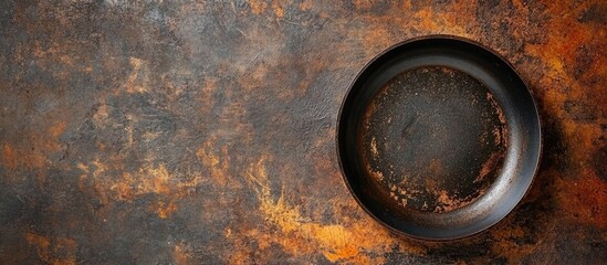 Leinwandbilder - Dark rust colored culinary backdrop featuring an empty black pan top view copy space