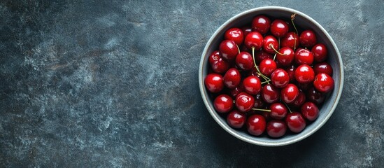 Aufkleber - Bowl of berries Top view of red cherries copy space