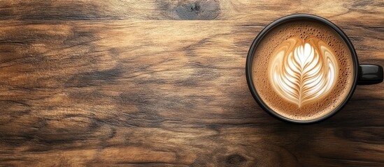Aufkleber - Close up of latte art on hot coffee placed on a wooden table. with copy space image. Place for adding text or design