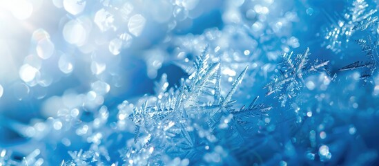 Poster - Blue Abstract Background Freshness concept Nature s winter snow backdrop Blurred beautiful natural ice texture up close with selective focus Wide angle wallpaper or web banner featuring copyspace