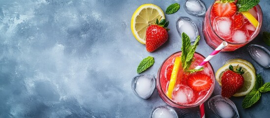 Leinwandbilder - Fresh strawberry lemonade served with ice mint and a paper straw in sparkling glasses on a gray table background copy space A chilled summer drink Berry cocktail Top view flat lay overhead shot