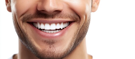 Poster - Close up image of a smiling man against a white background. with copy space image. Place for adding text or design