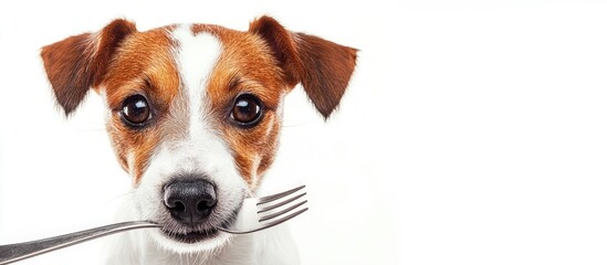 Poster - A portrait of a Jack Russell Terrier dog with a fork in its mouth against a white background Copy space