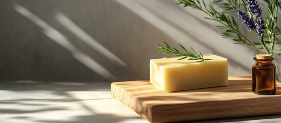 Poster - herbal natural soap bar. with copy space image. Place for adding text or design