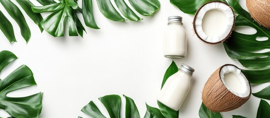 Aufkleber - Coconut milk in bottles and fresh coconut on green leaves with a white background viewed from above and featuring copy space
