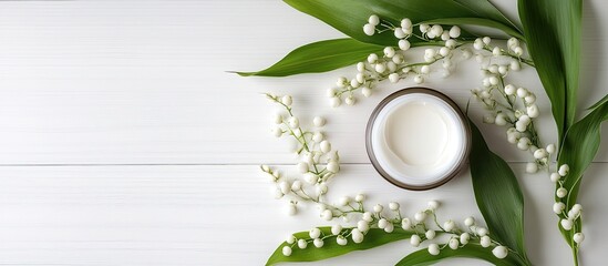 Poster - cosmetic cream and lily of the valley blossoms on a white wooden table. with copy space image. Place for adding text or design