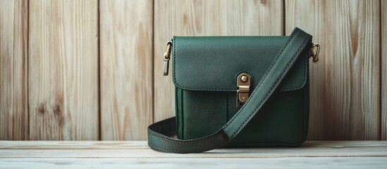 On a light wooden background is a compact dark green fashionable women s khaki purse featuring a shoulder strap with metal snaps positioned for space beneath the text Side view close up