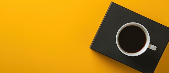 Aufkleber - Black box accessories alongside a coffee mug on a yellow background Contemporary idea with copy space Flat lay top view