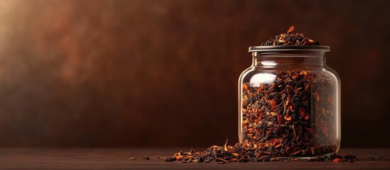 Poster - Dried tea leaves in a glass container. with copy space image. Place for adding text or design