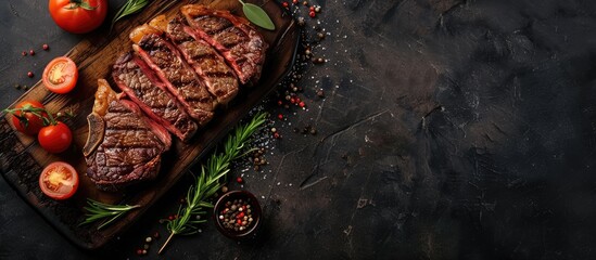 Fototapete - Grilled porterhouse beef steak T bone seasoned with herbs and spices Top view flat lay. with copy space image. Place for adding text or design