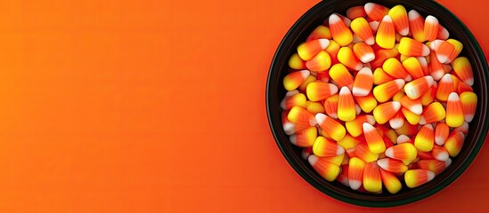 Poster - Nearly vacant black dish with Halloween candy corn set against an orange background. with copy space image. Place for adding text or design