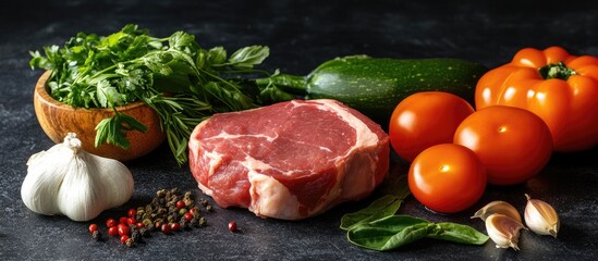 Poster - Beef cut paired with fresh vegetables Raw meat prepared for cooking alongside seasonal vegetables Ingredients for osso bucco Focused view. with copy space image. Place for adding text or design