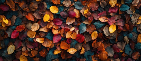 Wall Mural - Colorful assorted autumn leaves scattered on the ground Dried leaves blanket the surface of the earth Close up top view from above vibrant multicolor seasonal background concepts