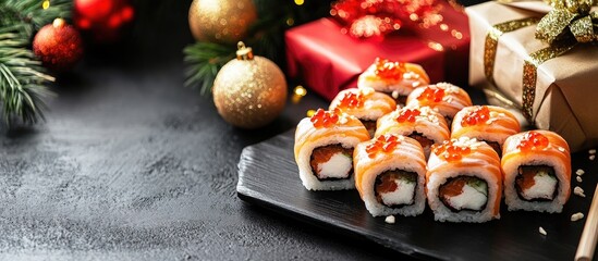 Aufkleber - Platter of delicious sushi rolls accompanied by a gift box and Christmas ornaments on a black wooden surface. with copy space image. Place for adding text or design