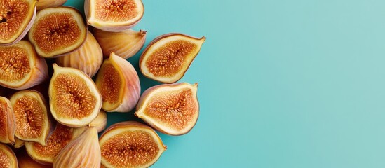 Fototapete - Scoop of dried figs on a colored background top view with space for text Nutritious fruit. with copy space image. Place for adding text or design