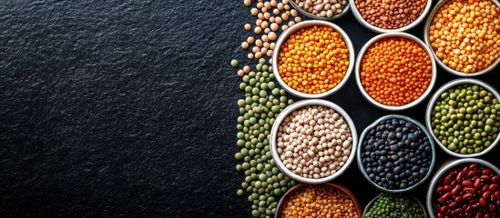 Poster - Composition of dry legumes A variety of colorful legumes in bowls Lentils Moth beans Mung Beans Masoor or red lentils Split Chickpeas Toor Dal Raw Split Mung Bean Lentils Yellow Split