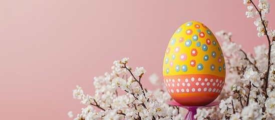 Leinwandbilder - Closeup of a colorful painted Easter egg in a bright modern egg stand surrounded by white flowering tree branches against a pastel pink background A minimalistic home composition featuring copyspac
