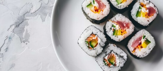 Leinwandbilder - Rolled sushi with tuna cheddar cheese rice nori cream cheese and cucumber close up isolated on a white plate with copy space