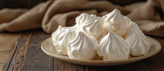 Poster - Traditional Russian homemade meringue marshmallow also known as zephyr served on a plate on a wooden surface Copy space