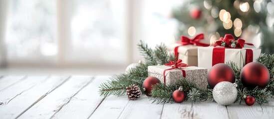 Canvas Print - Christmas arrangement New Year s decorations Pine branches Christmas gifts and ornaments on a white antique wooden table Copyspace