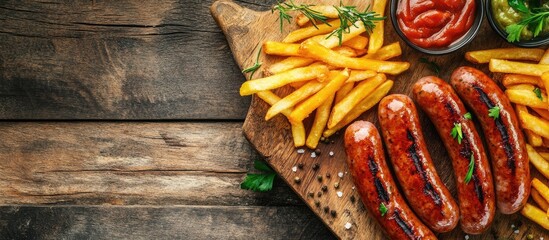 Fototapete - Curry wurst sausages accompanied by French fries on a wooden board with a wooden background Top view. with copy space image. Place for adding text or design