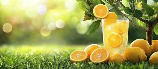 Aufkleber - Lemonade in a glass with lemons and oranges on a tree set against a background of green grass. with copy space image. Place for adding text or design