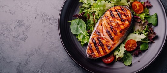 Fototapete - Grilled salmon steak accompanied by salad. with copy space image. Place for adding text or design