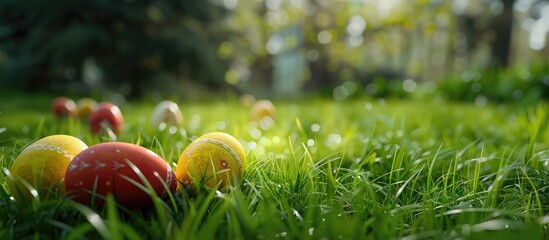 Leinwandbilder - Easter eggs on the grass with a selective focus on the chicken eggs. with copy space image. Place for adding text or design