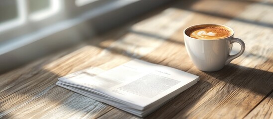 Poster - Empty magazine and a cup of coffee on a wooden surface. with copy space image. Place for adding text or design