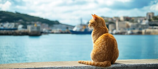 Aufkleber - A cat at the harbor with the sea in the background. with copy space image. Place for adding text or design