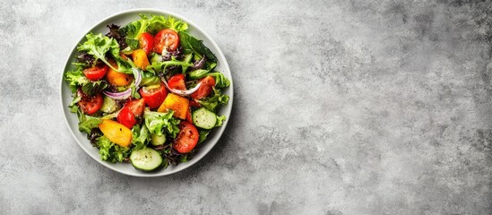 Poster - Tasty vegetable salad on a light grey table top view Room for text. with copy space image. Place for adding text or design