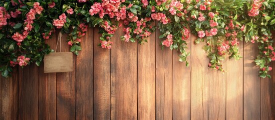 Poster - Wooden wall adorned with flowers An empty sign is present for text The wall is set against a sunset backdrop Space for text Vintage decor. with copy space image. Place for adding text or design