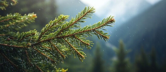 Leinwandbilder - Close up of a cedar branch set against a mountainous backdrop. with copy space image. Place for adding text or design
