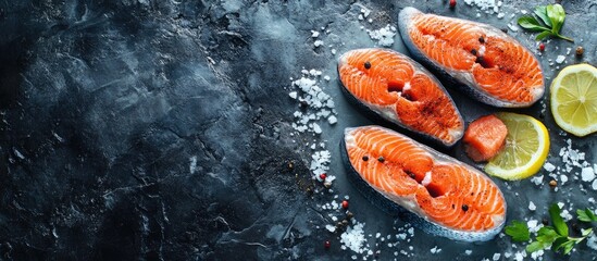 Leinwandbilder - Raw chum salmon steaks with spices herbs salt and lemon on an aged stone background Top view copy space