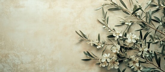 Aufkleber - textured vintage paper background featuring olive tree flowers. with copy space image. Place for adding text or design
