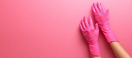 Aufkleber - Hands wearing pink gloves for repairs painting the walls and DIY activities against a blank wall House renovation idea apartment with space for text. with copy space image