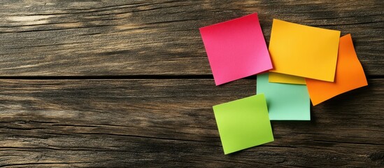 Poster - Vibrant sticky notes on a wooden board. with copy space image. Place for adding text or design