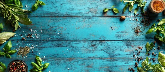 Leinwandbilder - Herbs and spices on a blue wooden table Culinary or food backdrop Food components. with copy space image. Place for adding text or design