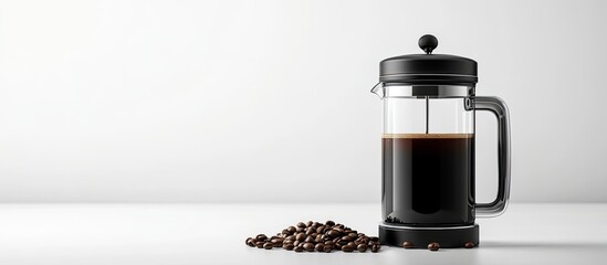 Leinwandbilder - Black empty French press coffee maker on a white background with copyspace and coffee beans