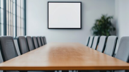 Poster - Long wooden conference table with black mesh chairs in a bright office