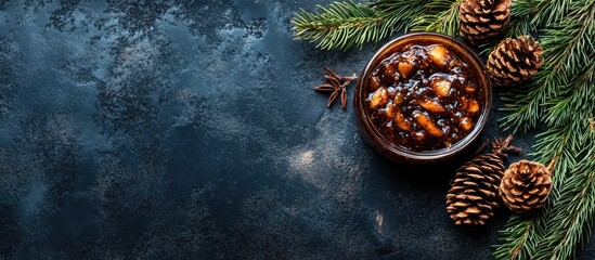 Poster - Sweet pine cone jam A traditional dessert from Siberia with fresh evergreen branches Black stone concrete background copyspace