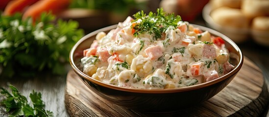Poster - Traditional Russian Olivier salad featuring vegetables ham and mayonnaise selective focus image. with copy space image. Place for adding text or design