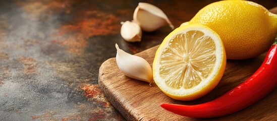 Leinwandbilder - Red chili pepper lemon slices and garlic on a brown cutting board. with copy space image. Place for adding text or design